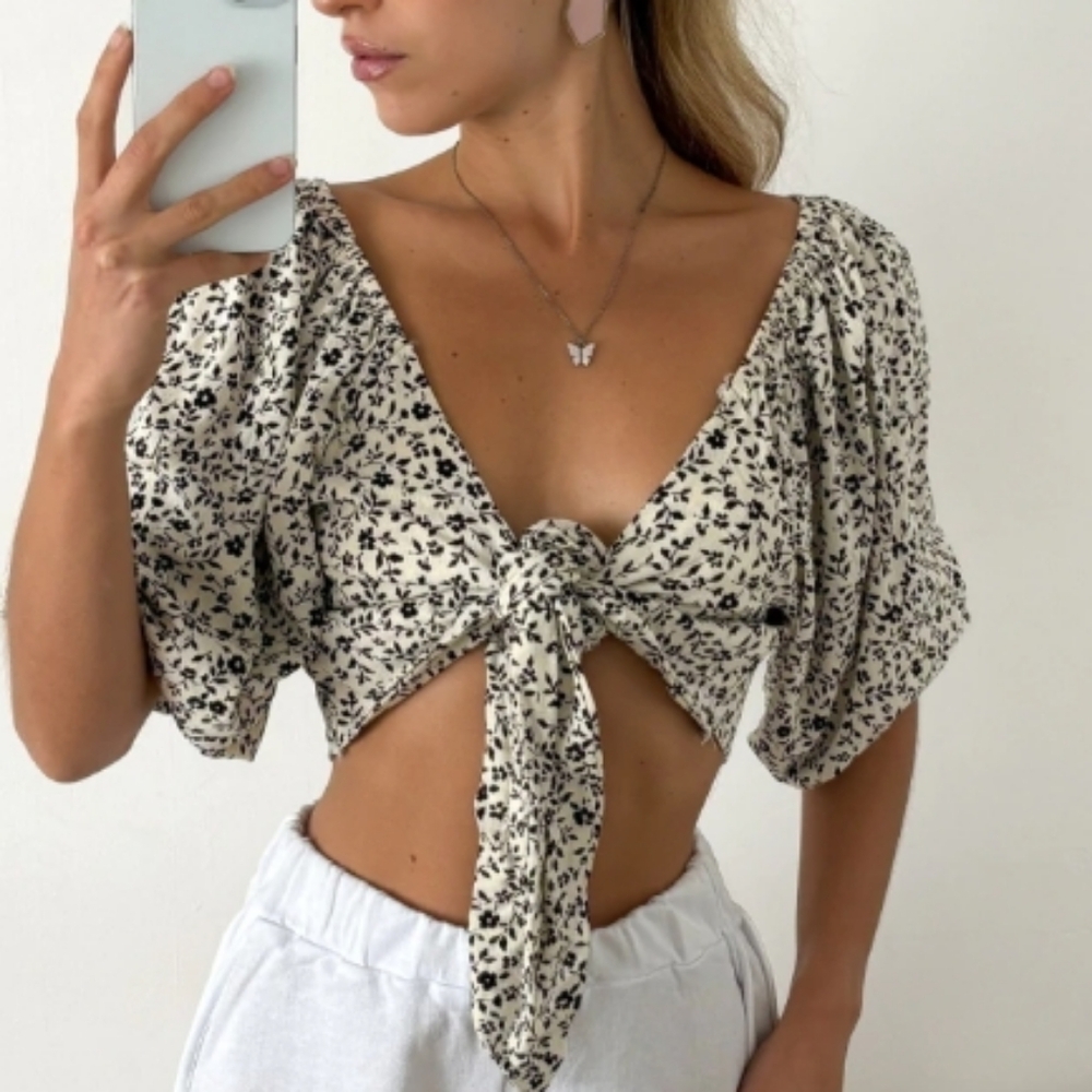 Elegant Floral Tie-Front Blouse - Cream and Black